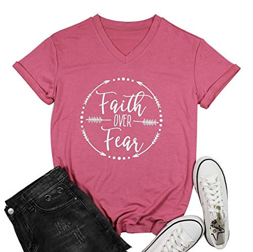 Faith Over Fear Arrow Letters Print T Shirt Women Short Sleeve V Nece Christian Tops Tee Blouse X-Large Pink Faith Over Fear Arrow Letters Print T Shirt Women Short Sleeve V Nece Christian Tops Tee Blouse X-Large Pink
