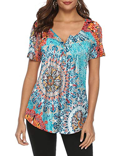 Famulily Womens Long Shirts to Wear with Leggings Ladies V-Neck Short Sleeve Paisley Floral Office Blouses Flared Casual Tunic Top Multi Large