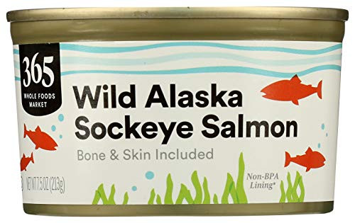 365 by Whole Foods Market Canned Wild Alaska Salmon Sockeye - Bone  and  Skin Included 7.5 Ounce