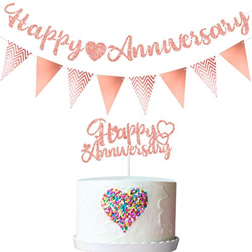 Happy Anniversary Glitter Banner Happy Anniversary Cake Topper Triangle Banner Heart Bunting Decorations for Wedding Anniversary Birthday Party Supplies Pink