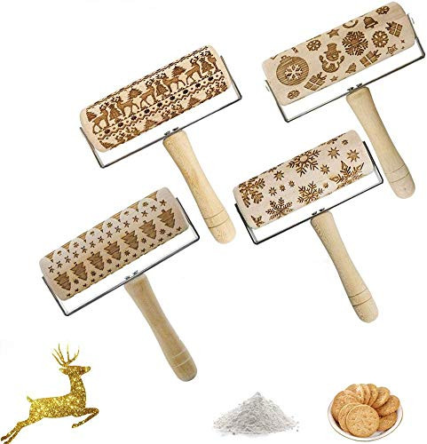 Christmas Embossing Pattern Wooden Rolling Pin with 3D Engraved Christmas Pattern Embossing Rolling Pin for Christmas Cookies Baking E