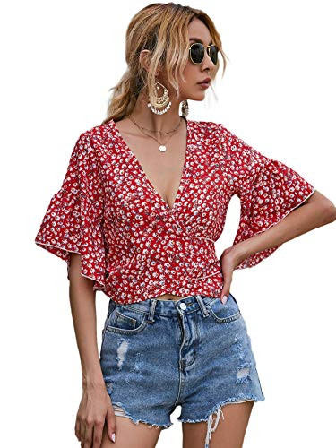 SheIn Womens Floral Ruffle Hem Blouse Short Puff Sleeve Deep V Neck Tie Front Crop Top Shirt Red Floral Small