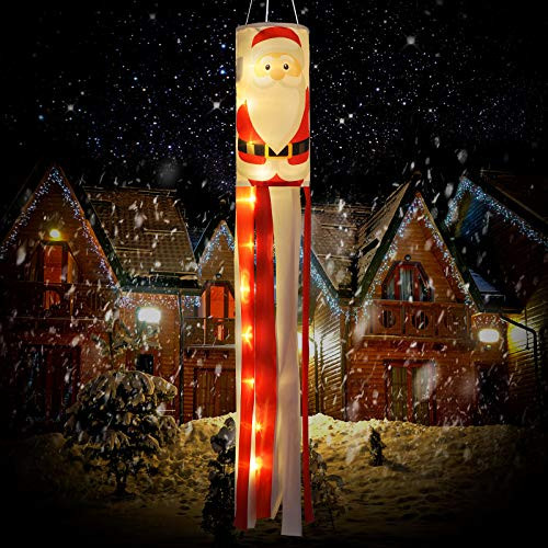 40 Inch Christmas Windsock Flag with LED Lights Santa Winter Windsock Decorative Fabric Wind Sock Outdoor Hanging Windsocks for Front Yard Patio Lawn Garden Party Decor