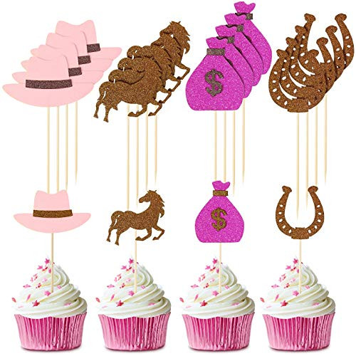 Zonon 48 Pieces Cowgirl Cake Toppers Include Hat Purse Horse Cupcake Toppers Horse Party Decorations for Baby Shower Birthday Party Western Cowgirl Theme Party Decorations 4 Styles