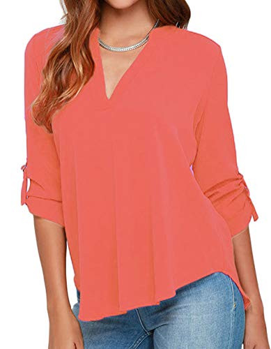 roswear Womens Casual V Neck Cuffed Sleeves Solid Chiffon Blouse Top Coral M