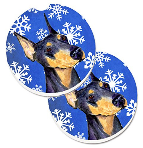 Caroline's Treasures Doberman Winter Snowflakes Holiday Set of 2 Cup Holder Car Coasters SS4633CARC, 2.56, Multicolor