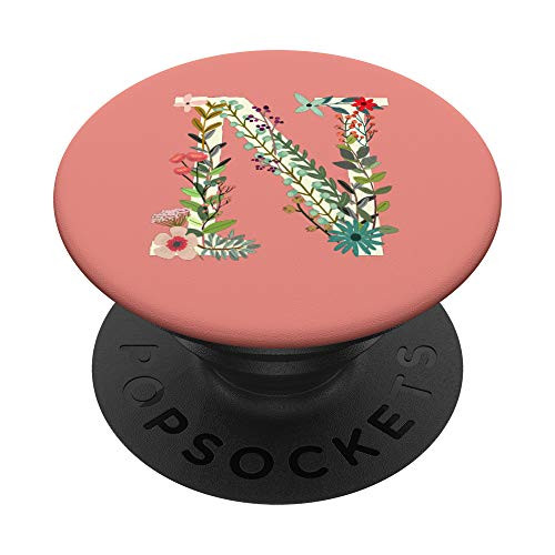 Letter N Initial Pink Rose Floral Flower Monogram Girl Gift PopSockets Grip and Stand for Phones and Tablets