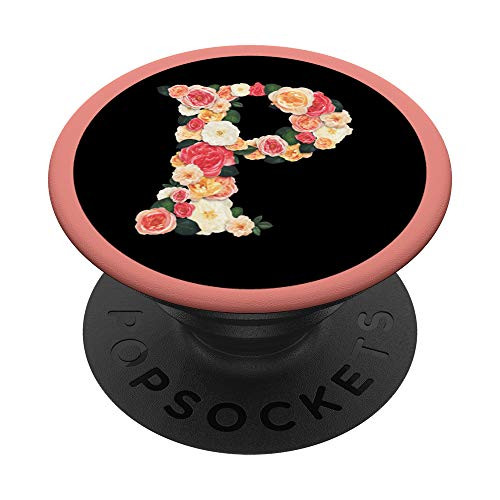 Letter P Initial Pink Rose Floral Flower On Black Monogram PopSockets Grip and Stand for Phones and Tablets