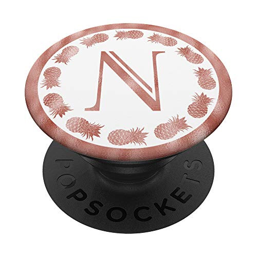 Letter N Initial Pink Rose Pineapple On White Monogram Girls PopSockets Grip and Stand for Phones and Tablets
