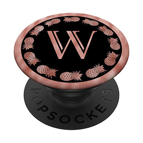 Letter W Initial Pink Rose Pineapple On Black Monogram Girls PopSockets Grip and Stand for Phones and Tablets