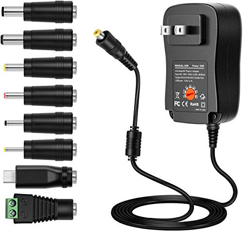Gaomosi 30W Universal 3V 4.5V 5V 6V 7.5V 9V 12V AC DC Adapter Switching Power Supply with 8 Selectable Adapter Tips Including Micro USB Plug for 3V to 12V Household Electronics and LED Strip