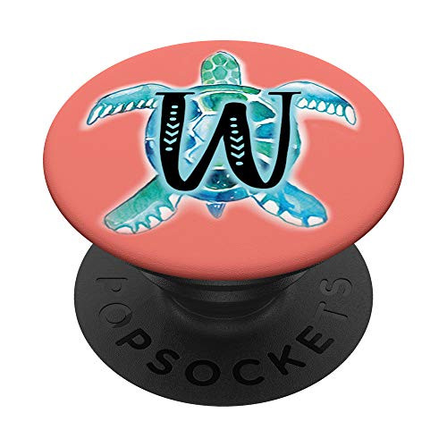 Aqua Teal Sea Turtle Coral Pink Initial Monogram Letter W PopSockets Grip and Stand for Phones and Tablets