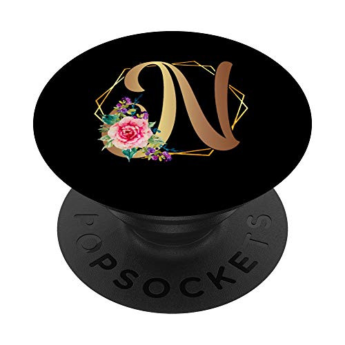 Letter N Initial Floral Flower Rose Black Monogram Girl PopSockets Grip and Stand for Phones and Tablets