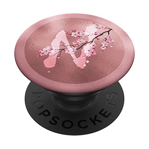 Letter N Initial Pink Sakura Cherry Blossom Flower Monogram PopSockets Grip and Stand for Phones and Tablets