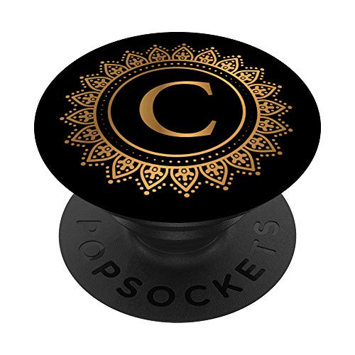 Letter C Initial Elegant Yellow Mandala Black Monogram PopSockets Grip and Stand for Phones and Tablets