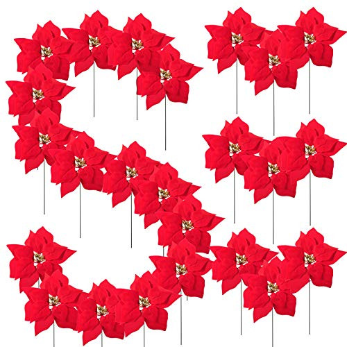 M2cbridge Artificial Christmas Flowers Red Velvet Poinsettia Floral Picks for Christmas Wreath Tree Ornaments 24pcs Red C