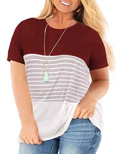 VISLILY Womens Plus Size Tunic Tops Short Sleeve Loose Striped Tee Shirts Wine Red 24W