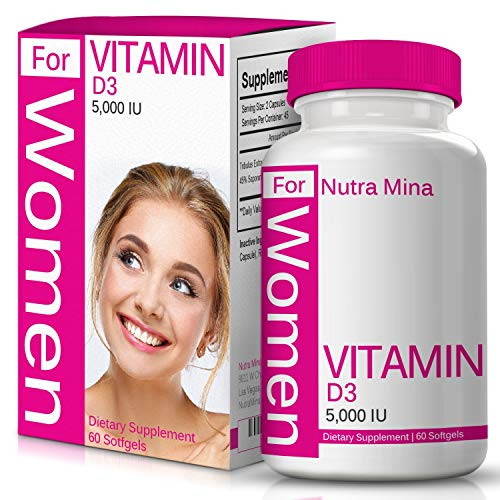Vitamin D3 5000 IU for Women with Cholecalciferol That Supports Proper Calcium Absorption to Maintain Strong Bones Teeth Muscles and Immune System 60 Softgels - Made in USA