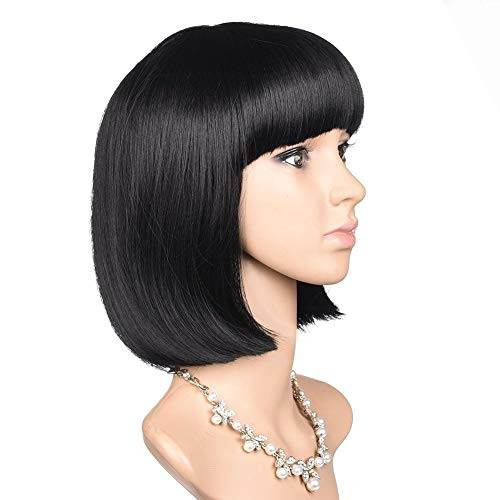 HEESAGA Short Straight Bob Wig with Bangs - 12 Inch Natural Black