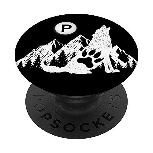 Cute Wolf White Paw Print Black Monogram Letter P Initial PopSockets PopGrip Swappable Grip for Phones  and  Tablets