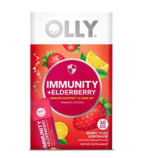 Olly Immunity  plus  Elderberry Immune Support Powder Drink 10 Stick Pack Yuzu Berry Flavor Blend of Elderberry Vitamin C Vitamin D  and  Zinc Vitamins for Immune System Choose Your Flavor Yuzu Berry