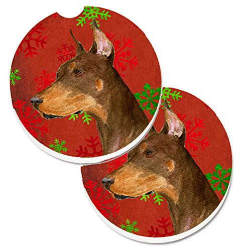 Caroline's Treasures Doberman Red & green Snowflakes Holiday Christmas Set of 2 Cup Holder Car Coasters SS4675CARC, 2.56, Multicolor