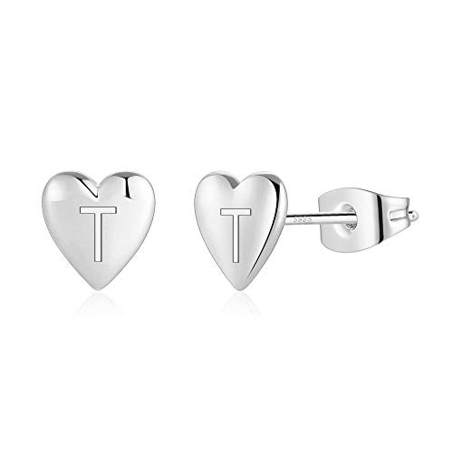 925 Sterling Silver Initial Stud Earrings for Girls Women Hypoallergenic 14k Gold Plated Small Heart Earrings Dainty Sterling Silver T Letter Initial Earrings Jewelry for Teen Girls Sensitive Ears