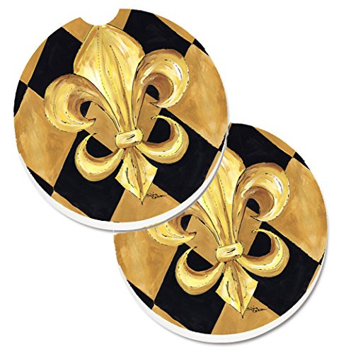 Caroline's Treasures black & Gold Fleur De Lis New Orleans Set of 2 Cup Holder Car Coasters 8125CARC, 2.56, Multicolor