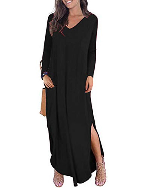 Kidsform Long Sleeve Maxi Dress for Women V Neck Casual Loose Long Dress Side Split Solid Summer Autumn Dress with Pockets K-Black X-Large