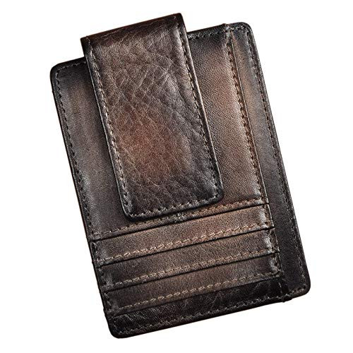 Leaokuu Genuine Leather Rfid Magnet Money Clip Credit Card Case Holder Slim Wallet E Brown