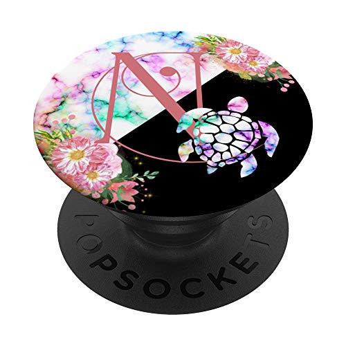 Initial N Floral Turtle Rainbow Monogram PopSockets PopGrip Swappable Grip for Phones  and  Tablets