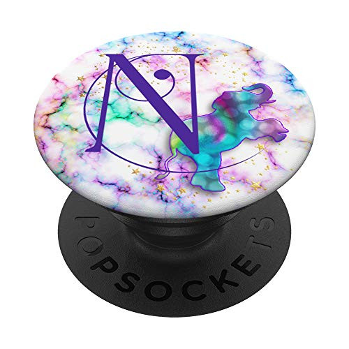 Purple Monogram Letter N Initial Rainbow Elephant PopSockets PopGrip Swappable Grip for Phones  and  Tablets