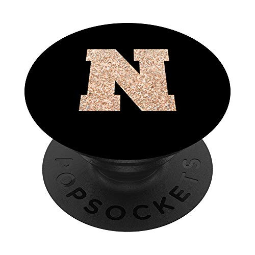 Letter N Grip - Golden Rose Initial N On Black PopSockets Grip and Stand for Phones and Tablets