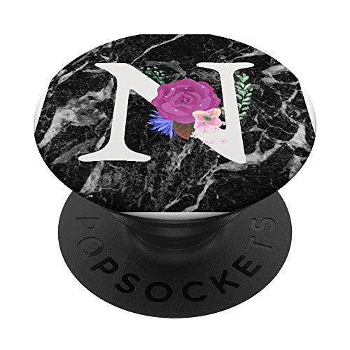 Chic Initial Monogram Letter N Black  and  White Faux Marble PopSockets Grip and Stand for Phones and Tablets