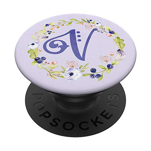 Letter V Initial Monogram Floral Wreath on Purple PopSockets Grip and Stand for Phones and Tablets
