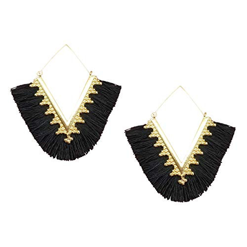 Statement Tassel Earrings Delicate Bohemian V Shap Tassel Hoop Earring Elegant Fringe Drop Dangle Earrings for Women Girls Black