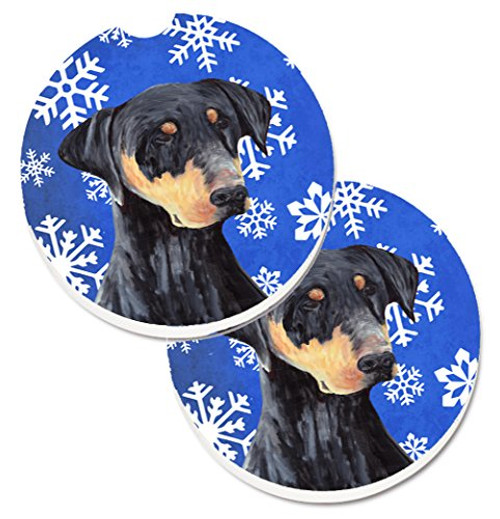 Caroline's Treasures Doberman Winter Snowflakes Holiday Set of 2 Cup Holder Car Coasters SC9377CARC, 2.56, Multicolor