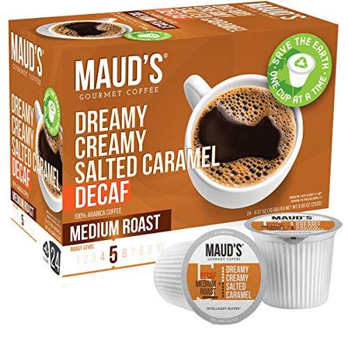 Mauds Decaf Salted Caramel Coffee Dreamy Creamy Caramel 24ct. Recyclable Single Serve Caramel Flavored Decaf Coffee Pods  100 percent Arabica Coffee California Roasted Caramel Decaf K Cups Compatible