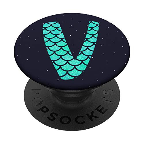 Letter V Mermaid Scales Monogram Initial Blues Greens Trendy PopSockets Grip and Stand for Phones and Tablets