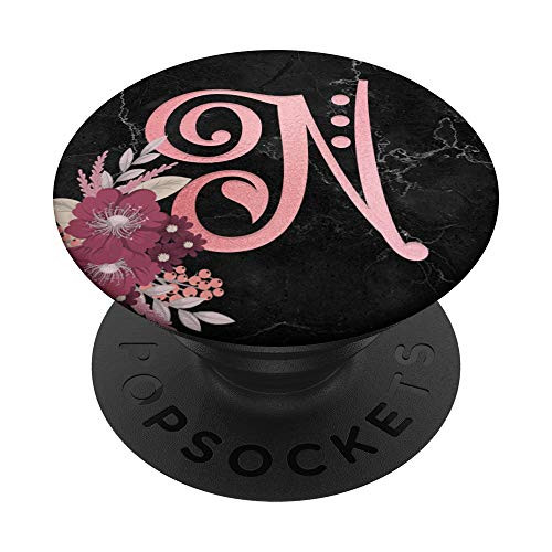 Rose Letter N Monogram Initial Pink Flowers Black PopSockets Grip and Stand for Phones and Tablets