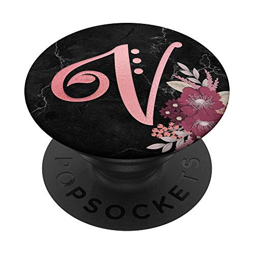 Rose Letter V Monogram Initial Pink Flowers Black PopSockets Grip and Stand for Phones and Tablets