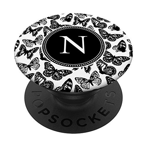 Butterflies Letter N Monogram Black Butterfly Pattern PopSockets PopGrip Swappable Grip for Phones  and  Tablets