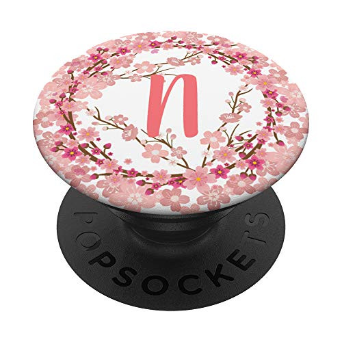 Japanese Cherry Blossom Pink  and  Red Flowers Letter N Monogram PopSockets Grip and Stand for Phones and Tablets
