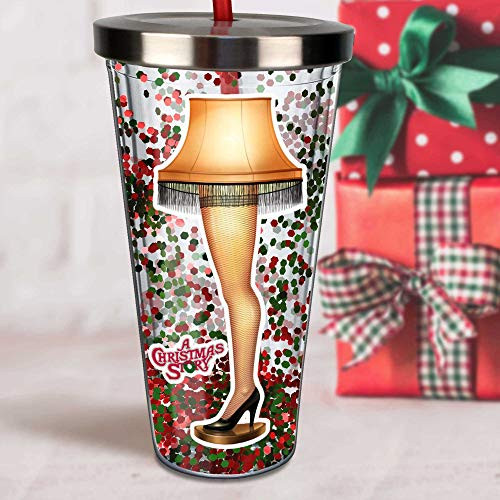 Spoontiques Leg Lamp Glitter Cup wStraw One Size Red  and  Green