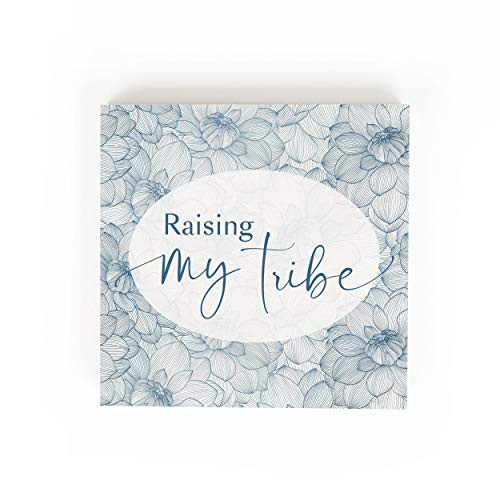 P. Graham Dunn Raising My Tribe Floral Blue 5.38 x 5.38 Pine Wood Tabletop Word Block Sign