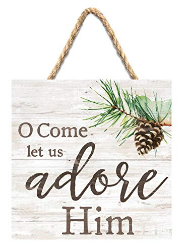 P. Graham Dunn Oh Come Let Us Adore Him Winter White 7 x 7 Pine Wood Christmas String Sign