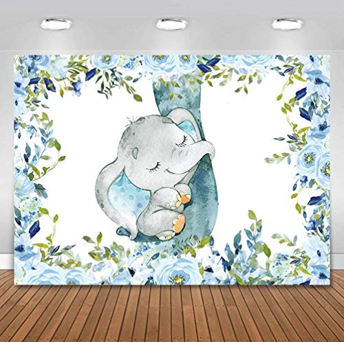BackdropsOnline Elephant Baby Shower Backdrop for Boy Rustic Watercolor Blue Floral Elephant Baby Shower Decorations Background Little Peanut Its A Boy Party Banner Supplies 7X5ft