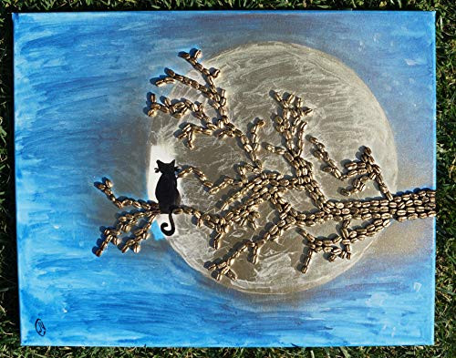 Coffee Art Drawing 100 percent HandmadeinchCat and The Mooninch Artwork Painting Contemporary Pictures for Home Restaurant Cafe Decoration Canvas Art Coffee Bean Coffee Wall Art Decor Framed Ready to Hang