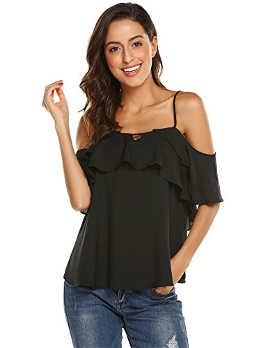 Grabsa Womens Summer Strap Cami Shirts Ruffle Chiffon Off Shoulder Blouse Tops Black S