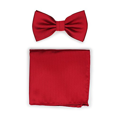 Bows-N-Ties Mens Solid Pre-Tied Bow Tie and Pocket Square Set Matte Herringbone Finish Cherry Red